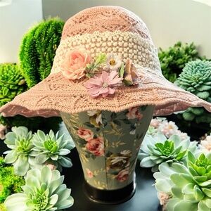 Chic Floral Lace Hat with Pink Accents